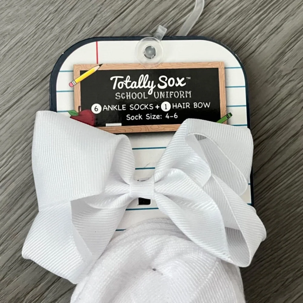3 For $15 Totally Sox Girl's White School Uniform Ankle Socks and Hair Bow Sock